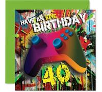 Biglietto di auguri per 40° compleanno, livella il grande 4-0, vivace controller di gioco su sfondo stile graffiti, 145 mm, busta inclusa