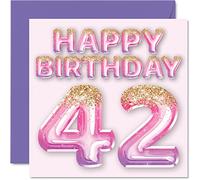 Biglietto di auguri per 42° compleanno da donna - Palloncini glitterati rosa e viola - Biglietti di auguri per 42 anni, per mamma, cugina, amica, sorella, zia, 145mm, regalo per quarantadue secondi