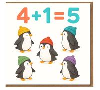 Biglietto di auguri per 5° compleanno per bambini - Simpatici pinguini con cappelli di lana, design 4 + 1 = 5 anni - divertente tema matematico per il quinto compleanno - Biglietto per il 5°