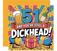 Biglietto di auguri per 51° compleanno, motivo "Still Causing Mischief at 51", design colorato con slogan audace e sfacciato, con scritta "Sure to Get a Laugh from the Crowd", 145 mm, quadrato, busta