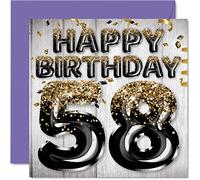Biglietto di auguri per 58° compleanno da uomo - Palloncini glitterati neri e oro - Biglietti di auguri per 58 anni, papà nonno, nonno, 145mm, cinquantotto cinquantottesimo biglietto di auguri regalo