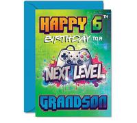 Biglietto di auguri per 6° compleanno per nipote, per migliorare il livello | Controller dal design vibrante in colori vivaci, sicuramente delizierà qualsiasi giovane giocatore, formato A5, busta inclusa