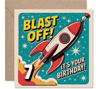 Biglietto di auguri per 7° compleanno, con scritta "Blast off into Year Seven Fun", design colorato con razzo e spazio con audace allegria di compleanno, 145 mm, quadrato, busta inclusa