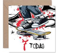 Biglietto di auguri per 7° compleanno, Kickflip into Seven, per bambini con skateboard dai colori audaci e urbani, energia vibrante per un compleanno fresco, 145 mm, quadrato, busta inclusa