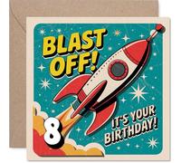 Biglietto di auguri per 8° compleanno - Blast off into Birthday Fun - vivace tema razzo e spazio con design audace 8 - pieno di colore ed eccitazione - quadrato da 145 mm, busta inclusa