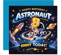 Biglietto di auguri per 8° compleanno, con scritta "Blast off into Birthday", design astronauta a tema spaziale con colori blu e giallo, 145 mm, quadrato, busta inclusa