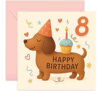 Biglietto di auguri per 8° compleanno per bambini - Simpatico cucciolo di bassotto con disegno di cupcake, per figlia, figlio, nipote, sorella, fratello