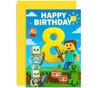 Biglietto di auguri per 8° compleanno per ragazzo, design con blocchi di mine, controller di livello 8, otto anni oggi, per nipote, figlio, nipote, fratello, interno bianco con busta