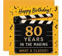 Biglietto di auguri per 80° compleanno, 80 anni in divenire | Classic Cinema Clapperboard con oro e coriandoli, per un traguardo degno di essere celebrato, quadrato 145 mm, busta inclusa