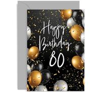 Biglietto di auguri per 80° compleanno con busta, per lui e lei, con palloncini dorati e neri, per uomini e donne, biglietto di compleanno speciale per 80 anni, per amici o familiari, interno bianco