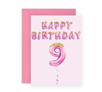 Biglietto di auguri per 9° compleanno per ragazza - Biglietti di compleanno per ragazze 9 anni - Palloncini rosa - Biglietto di auguri per il nono compleanno per figlia, nipote - da Central 23