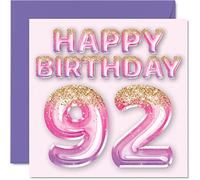 Biglietto di auguri per 92° compleanno da donna, con palloncini glitterati, rosa e viola, biglietti di auguri per 92 anni, mamma e nonna, 145mm, regalo per novantadue novantadue novantadue bday