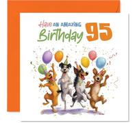 Biglietto di auguri per 95° compleanno, con scritta "Bursting with Birthday Cheer", quattro cani che festeggiano con palloncini e coriandoli, 145 mm quadrato, busta inclusa