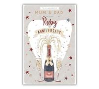 Biglietto di auguri per anniversario matrimonio di mamma e papà, per 40° e 40 anni, con champagne pop e cuore, finiture speciali e inserto illustrato, realizzato nel Regno Unito