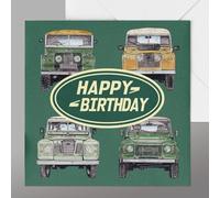 Biglietto di auguri per compleanno auto classica 4x4 altamente originale con un'iconica serie 1, serie 2, serie 3 e stile Defender 4x4 dipinto a mano