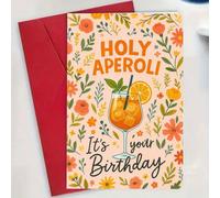 Biglietto di auguri per compleanno con design floreale vivace e illustrazione del cocktail Aperol Spritz, perfetto per amici, famiglia e colleghi per celebrare il loro giorno speciale in modo elegante