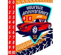 Biglietto di auguri per compleanno con tiretti, età da 1 a 110 anni, testo oro lucido, auto da corsa sportiva antica rossa vintage meccanica