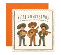 Biglietto di auguri per compleanno spagnolo, con scritta in lingua inglese "Feliz Cumpleaños", illustrazione festiva della band Mariachi, per lui, lei, amici, marito, moglie, collega, con divertenti
