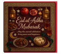 Biglietto di auguri per Eid al-Adha Mubarak, lanterne, mezzalune, date e tè, messaggio di pace e felicità