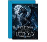 Biglietto di auguri per il 12° compleanno, scena con drago epico e castello