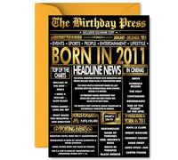Biglietto di auguri per il 14° compleanno per ragazzi e ragazze, con giornale nero e dorato Born in 2011, biglietto di auguri per il compleanno di figlio, nipote, figlia, sorella, cugino, nipote, A5