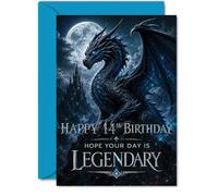 Biglietto di auguri per il 14° compleanno, scena con drago epico e castello