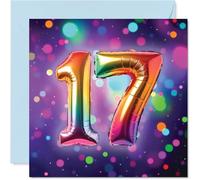 Biglietto di auguri per il 17° compleanno per ragazze e ragazzi, con palloncino in lamina arcobaleno, biglietto di auguri per 17 anni, per ragazzo, nipote, fratello, nipote, figlio, 145 mm