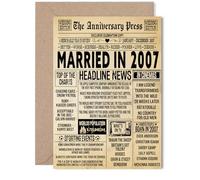 Biglietto di auguri per il 18° anniversario di matrimonio, per donne e uomini, con giornale vintage sposato nel 2007, per moglie, partner, marito, compagno, 12,7 x 17,8 cm
