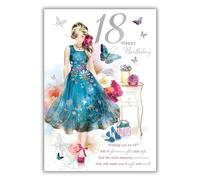 Biglietto di auguri per il 18° compleanno donna, età 18 anni, ragazza e vestito floreale, finitura speciale, prodotto nel Regno Unito, ecologico