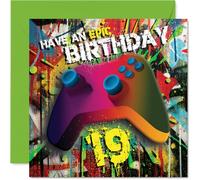 Biglietto di auguri per il 19° compleanno, livella la celebrazione, vivace controller di gioco su sfondo graffiti, perfetto per qualsiasi fanatico dei joystick, quadrato da 145 mm, busta inclusa