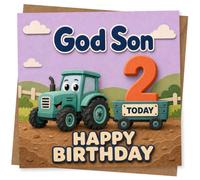 Biglietto di auguri per il 2° compleanno di Dio figlio, per figlioccio - simpatico design con trattore, messaggio Happy Today, per bambini a tema fattoria