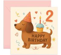 Biglietto di auguri per il 2° compleanno per bambini, con simpatico cucciolo di bassotto con disegno di cupcake, per figlia, figlio, nipote, sorella, fratello