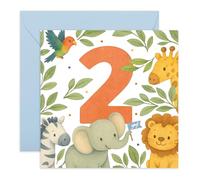 Biglietto di auguri per il 2° compleanno per bambino o bambina, con simpatici animali della giungla, biglietto di auguri per il secondo compleanno, per figlio, figlia, nipote, nipote, 2 anni, due