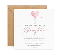 Biglietto di auguri per il 21° compleanno della figlia, con busta, design a palloncino a forma di cuore e messaggio d'amore da parte di mamma o papà, auguri sentimentali per il ventunesimo compleanno