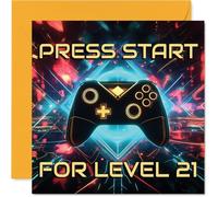 Biglietto di auguri per il 21° compleanno - Migliora il tuo compleanno - Design audace controller da gioco con 'PRESS START FOR LEVEL 21' - 145 mm quadrato, busta inclusa