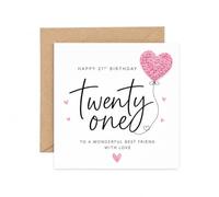 Biglietto di auguri per il 21° compleanno per la migliore amica con busta, design a palloncino a forma di cuore all'uncinetto, per il ventunesimo compleanno per lei, quadrato, 14 cm, biglietto ricordo