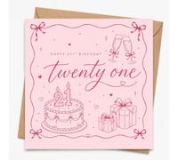 Biglietto di auguri per il 21° compleanno per lei, con busta, rosa ventuno traguardo con torta, regali e bicchieri, elegante biglietto di auguri di compleanno per figlia, sorella, amica, nipote o