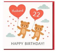 Biglietto di auguri per il 22° compleanno del marito, con graziosi orsacchiotti con palloncini a forma di cuore e messaggio di buon compleanno