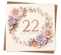 Biglietto di auguri per il 22° compleanno per lei, design floreale tagliato con messaggio di buon compleanno, elegante biglietto di auguri pastello