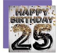 Biglietto di auguri per il 25° compleanno da uomo - Palloncini glitterati neri e oro - Biglietti di auguri per 25 anni, figlio, fratello, zio, cugino, 145mm, venticinque biglietti di auguri regalo