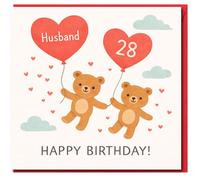 Biglietto di auguri per il 28° compleanno del marito, con orsacchiotti con palloncini a forma di cuore, messaggio di buon compleanno