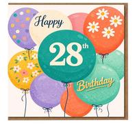 Biglietto di auguri per il 28° compleanno, palloncini colorati con fiori, design tipografico per il 28° compleanno, per lui, per lei o per un'amica