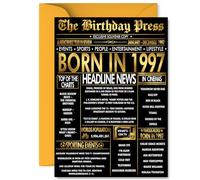 Biglietto di auguri per il 28° compleanno per uomo e donna, con scritta in lingua inglese "Black & Golden Newspaper Born in 1997", per sorelle, nipoti, figlio, zia, marito, zio, biglietto di auguri A5
