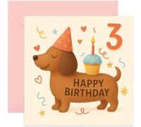 Biglietto di auguri per il 3° compleanno per bambini, con simpatico cucciolo di bassotto con disegno di cupcake, per 3 anni, figlia, figlio, nipote, sorella, fratello