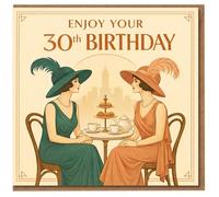 Biglietto di auguri per il 30° compleanno, design vintage Art Déco con due eleganti signore, skyline della città, biglietto di auguri per il 30° compleanno per lei, amiche o sorelle