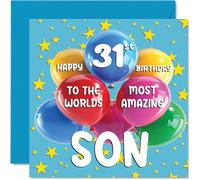 Biglietto di auguri per il 31° compleanno del figlio, con scritta in lingua inglese "World's Most Amazing Son", per il 31° compleanno del figlio di mamma papà, 145 mm x 145 mm, 31 anni