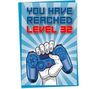 Biglietto di auguri per il 32° compleanno, con scritta in inglese "You Have Reached Level 32", per un giocatore di trentadue anni, regalo di compleanno per figlio o figlia, per lui, suo nipote, blu