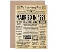Biglietto di auguri per il 34° anniversario di matrimonio, per donne e uomini, con giornale vintage sposato nel 1991, per moglie, partner, marito, compagno, 12,7 x 17,8 cm
