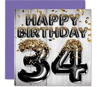 Biglietto di auguri per il 34° compleanno da uomo, con palloncini glitterati neri e dorati, biglietti di auguri per 34 anni, amico e fratello, papà, zio, 145mm, regalo per trentaquattroquarti giorni
