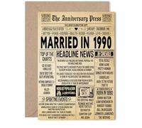 Biglietto di auguri per il 35° anniversario di matrimonio, per donne e uomini, con giornale vintage sposato nel 1990, per compagna moglie, partner, marito, 12,7 x 17,8 cm